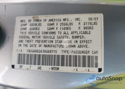 2007 Acura Tl 3.2 из США, поврежденный, VIN 19UUA66247A048715